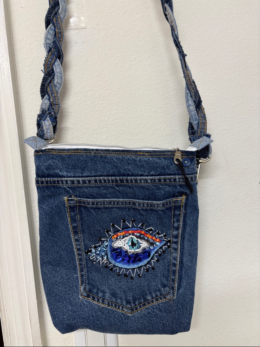 Denim Crossbody Bag with Embroidered Blue Eye